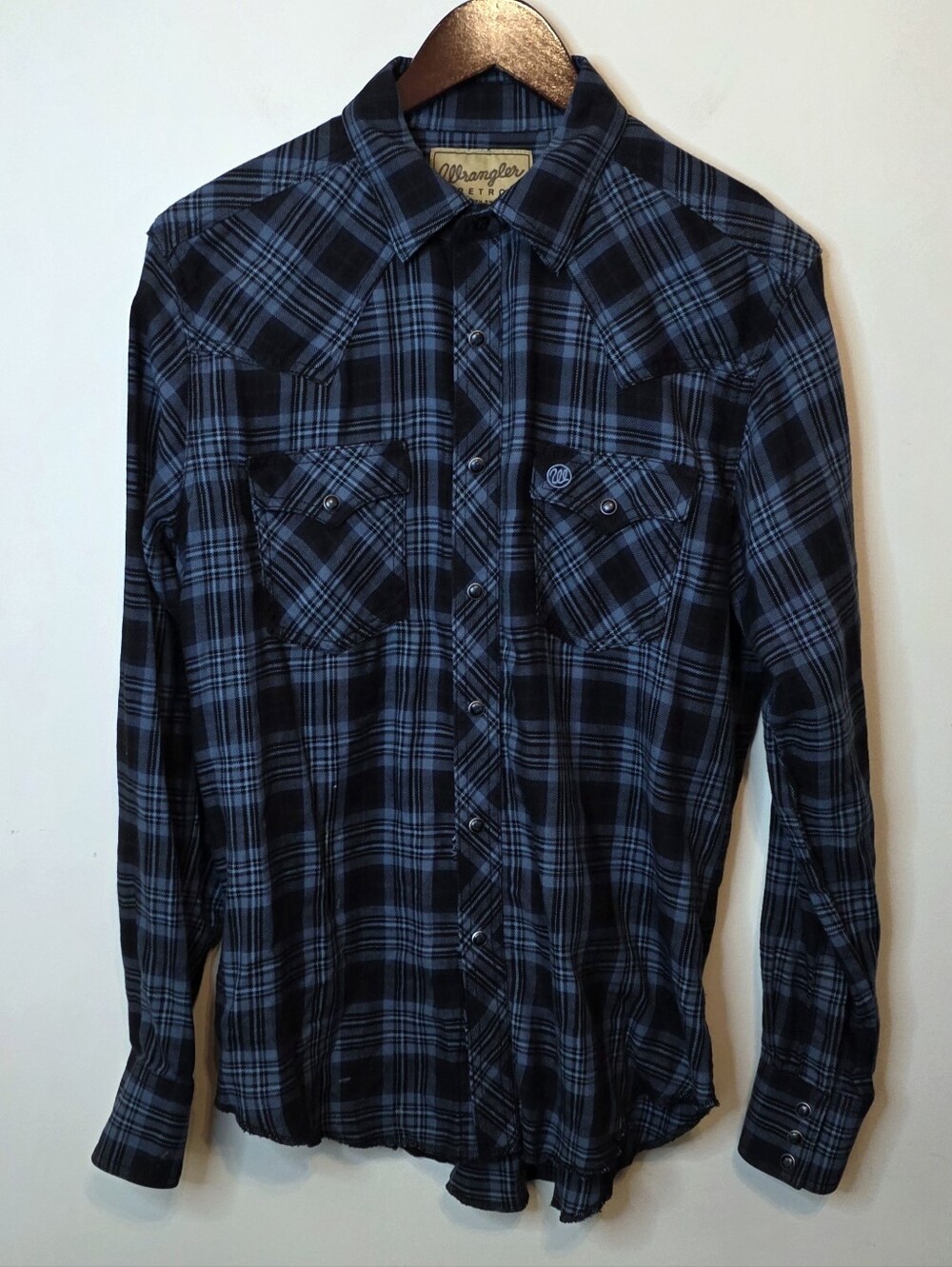 Wrangler Retro Blue Plaid Flannel Western Pearl Snap Long Sleeve Size Medium